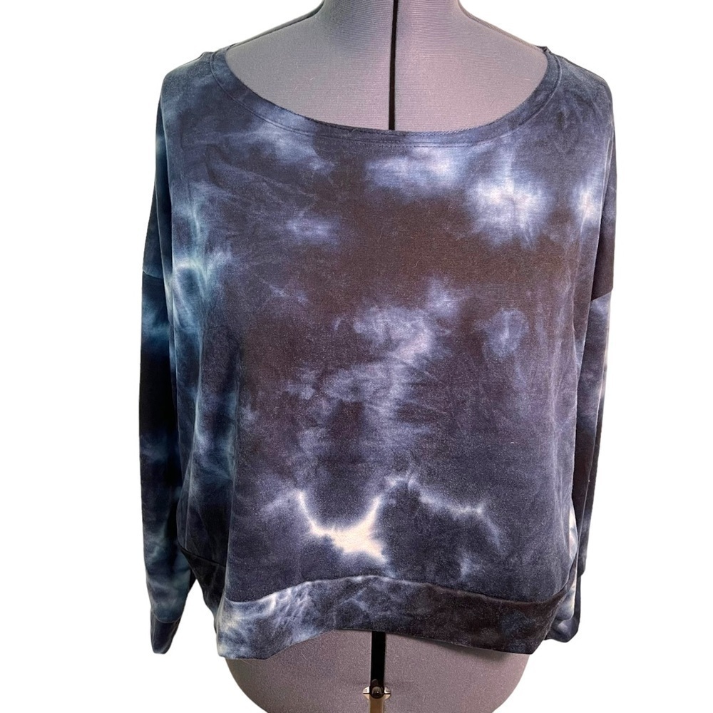 Jenni Intimates Women's Size XXL Cropped Sweatshirt Sleep Top Navy White Tie Dye